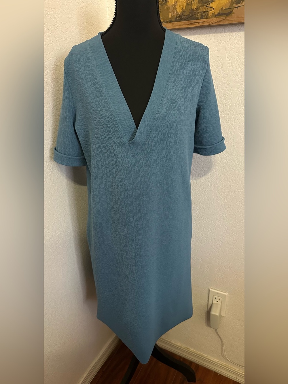Zara Sheath V-Neck Short Sleeve Blue Mini Dress- Size Small - Picture 1 of 6